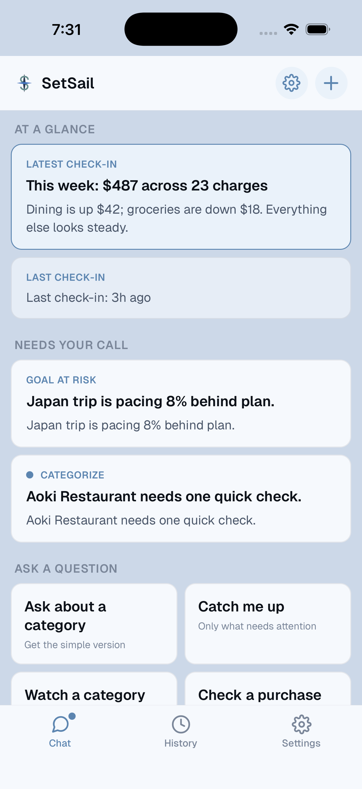 Setsail dashboard showing goal progress and budget summary